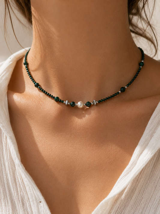 Collier Malachite et perle - Argenté