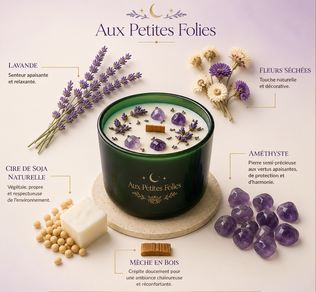 Améthyste - Lavande - Bougie Parfumée aux Pierres Naturelles