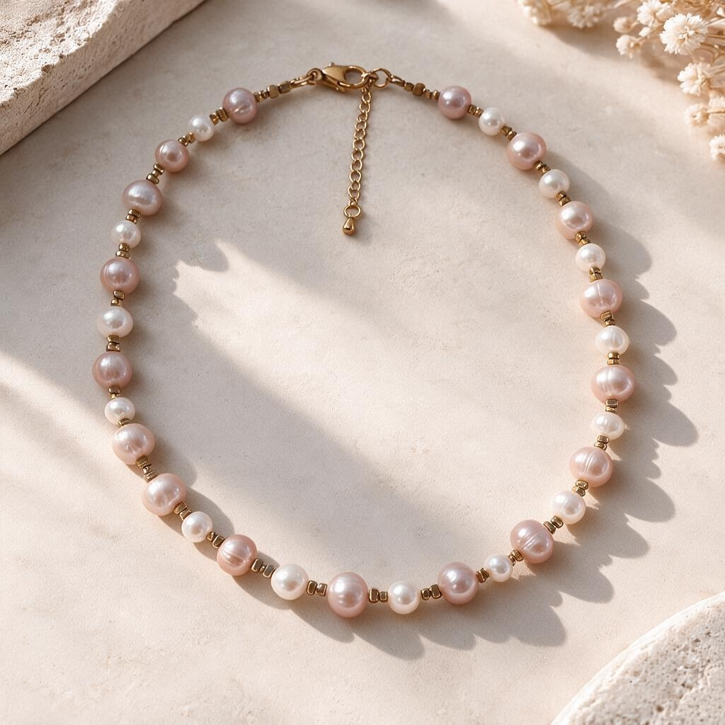Collier Perles de Culture d’Eau Douce Roses et Blanches – Création Artisanale