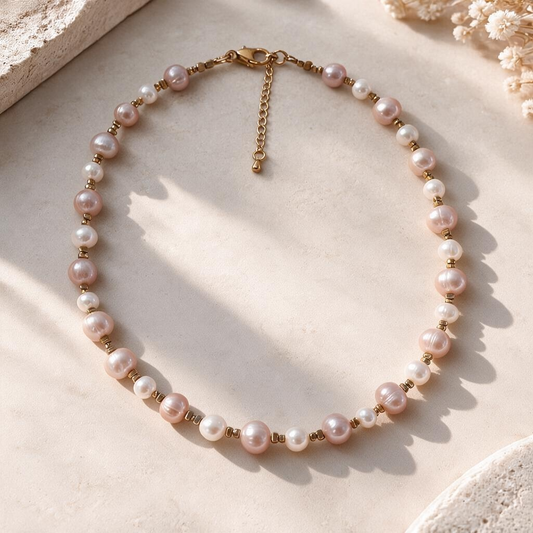 Collier Perles de Culture d’Eau Douce Roses et Blanches – Création Artisanale