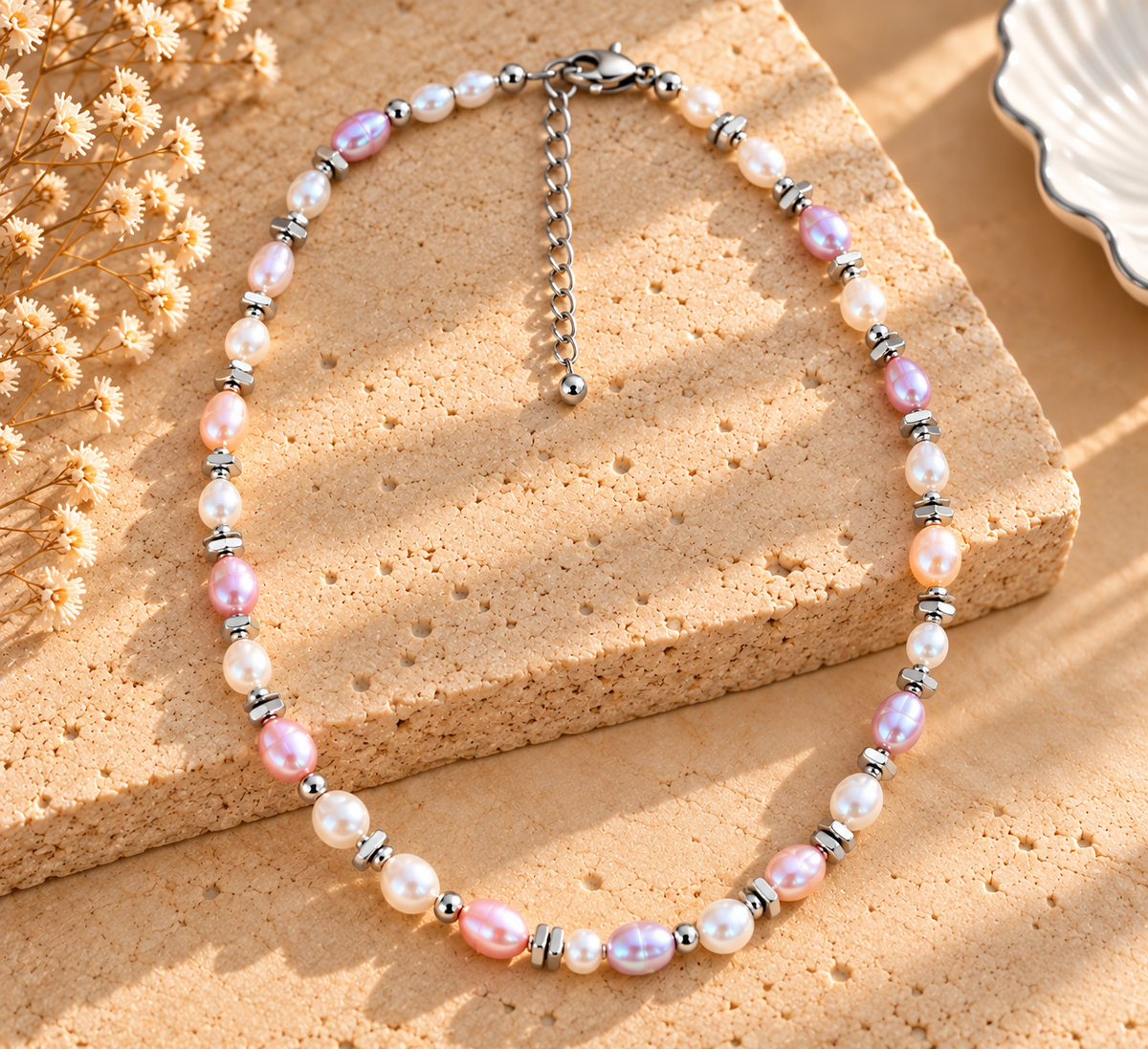 Collier Perles de Culture d’Eau Douce Roses & Blanches