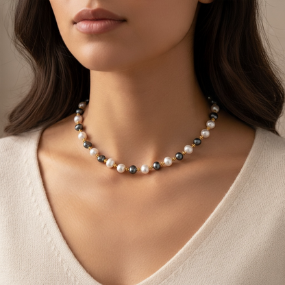 Collier en Perles de Culture d’Eau Douce Blanches et Gris Anthracite – Création Artisanale