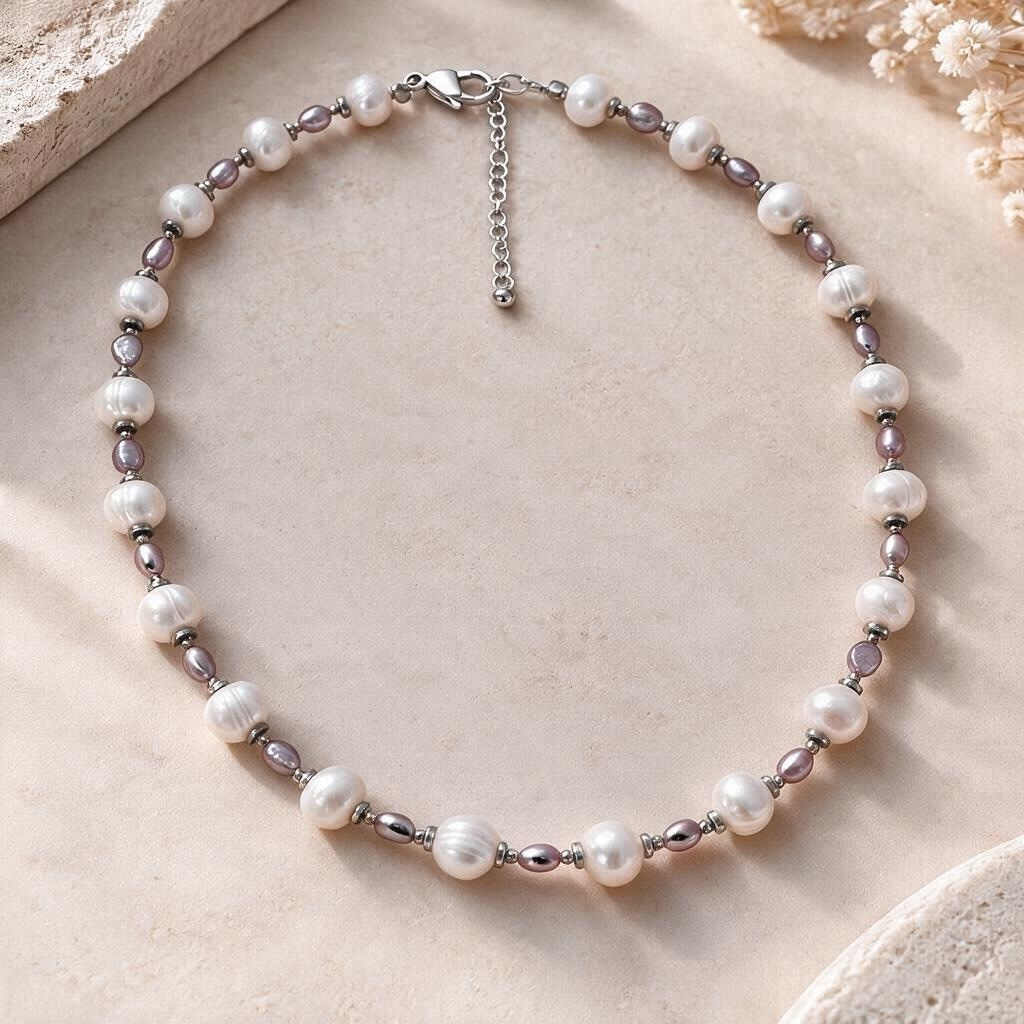 Collier en perles de culture d’eau douce blanches et mauves – Finition dorée ou argentée
