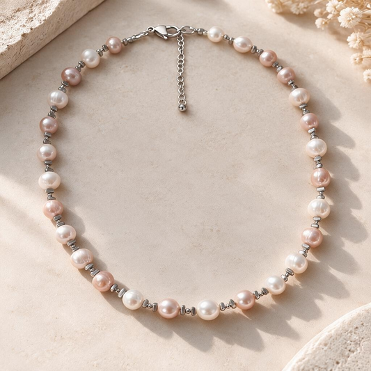 Collier Perles de Culture d’Eau Douce Roses et Blanches – Création Artisanale