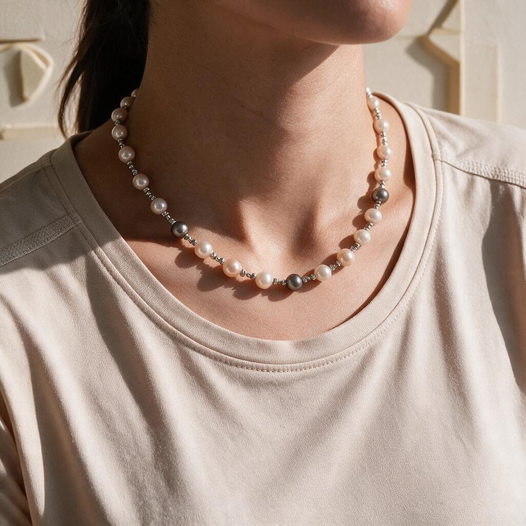 Collier en perles de culture d’eau douce multicolores – Blanc, rose poudré et gris