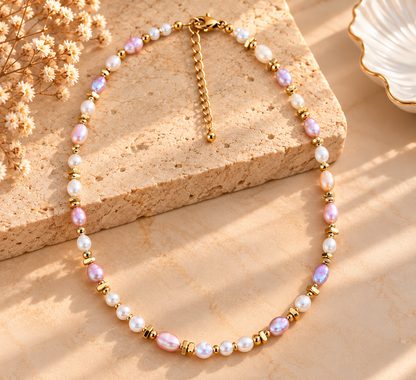 Collier Perles de Culture d’Eau Douce Roses & Blanches