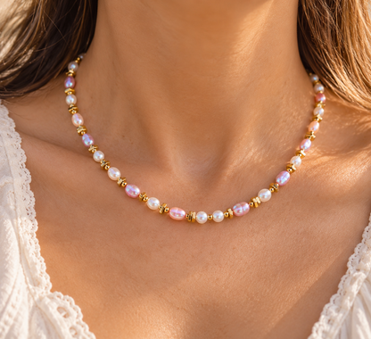 Collier Perles de Culture d’Eau Douce Roses & Blanches