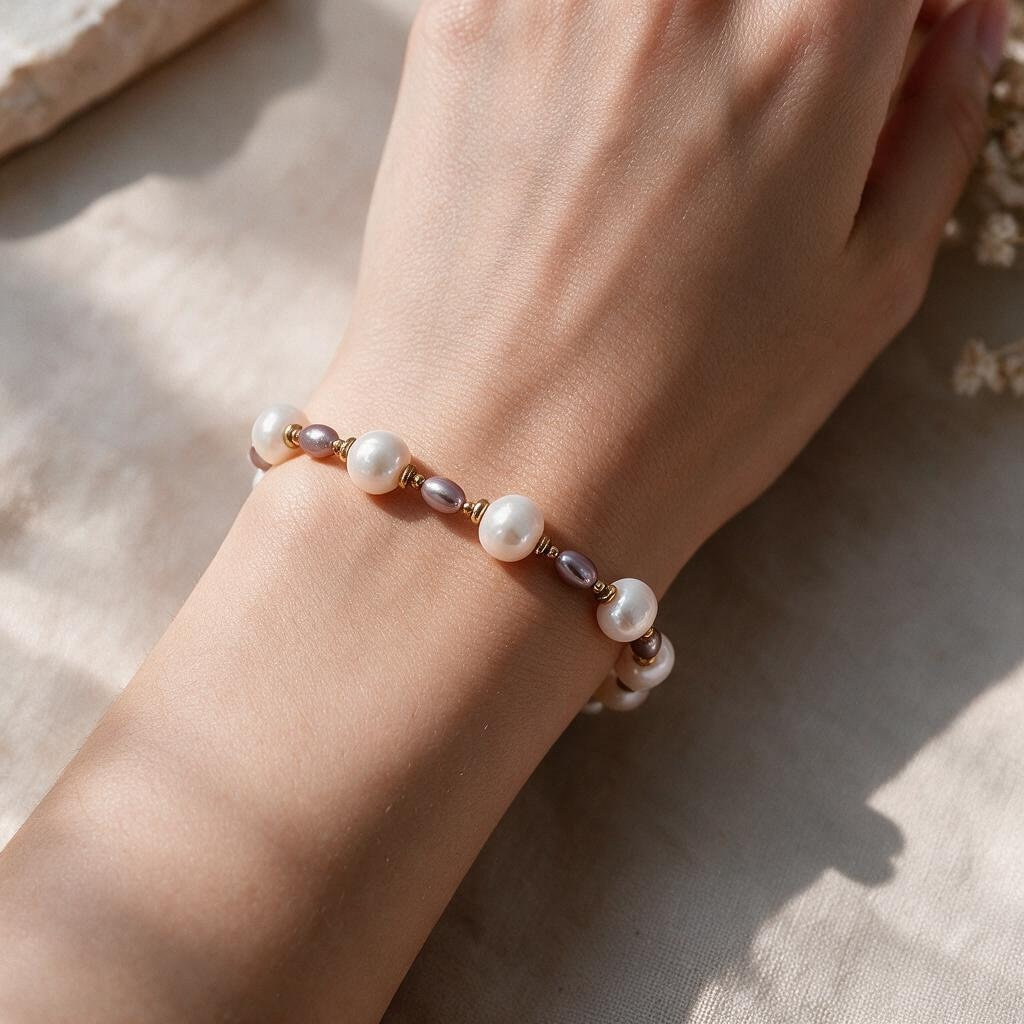 Bracelet en perles de culture d’eau douce blanches et mauves –