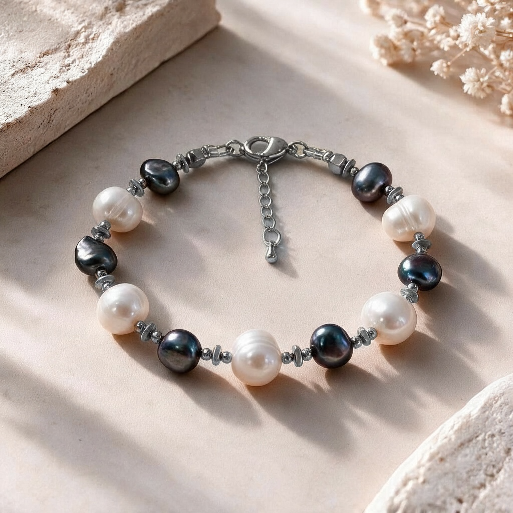 Bracelet en Perles de Culture d’Eau Douce Blanches et Gris Anthracite – Création Artisanale