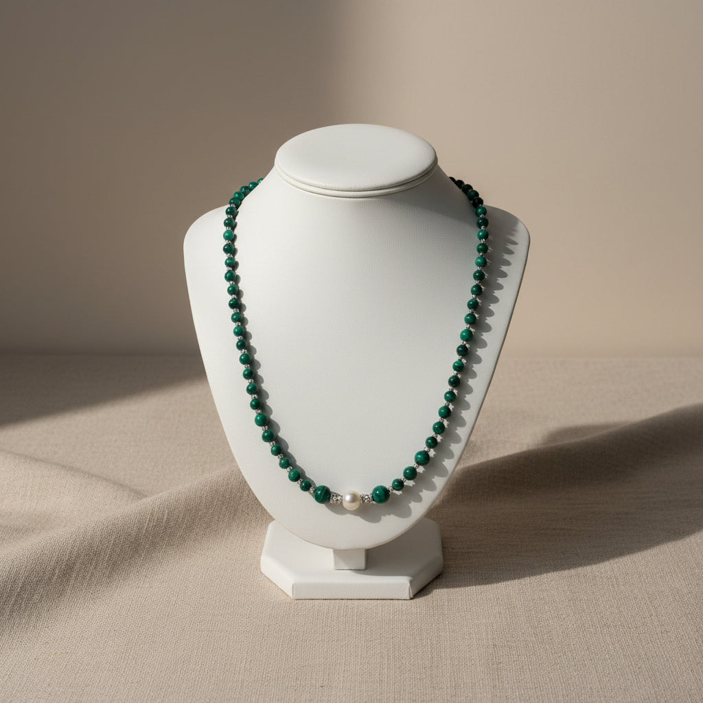 ✨ Collier Malachite Argenté & Perle d’Eau Douce ✨