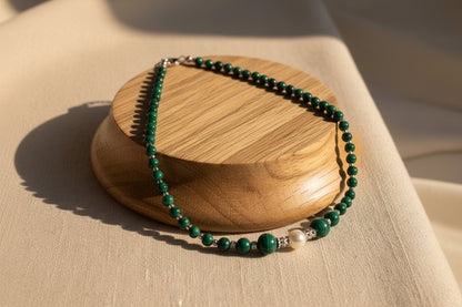 ✨ Collier Malachite Argenté & Perle d’Eau Douce ✨
