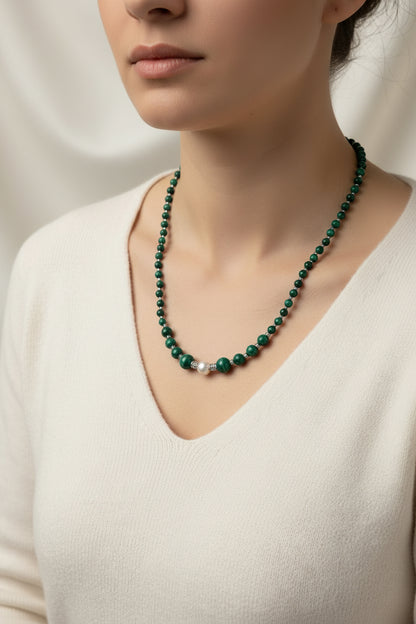 ✨ Collier Malachite Argenté & Perle d’Eau Douce ✨