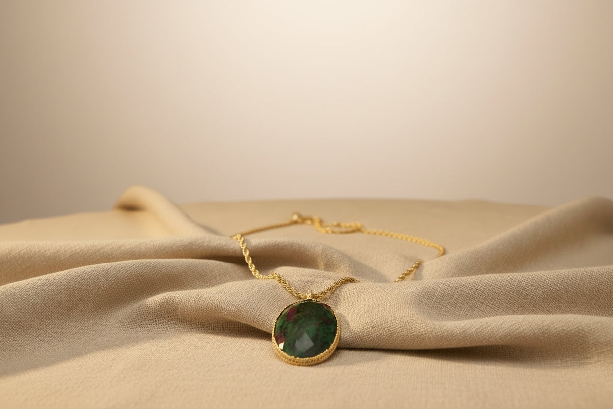 Sautoir orné d'un pendentif en pierre de rubisziosite